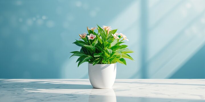 Potted house plant in a white container placed on a clean white surface for interior styling