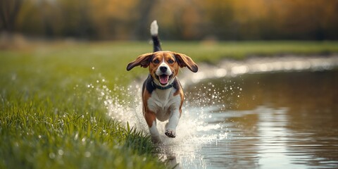 Beagle in pursuit by the water, demonstrating tracking activity for hunting purposes
