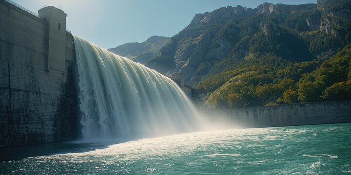 Swiss dam releasing water into waterfalls, showcasing natural water flow and erosion potential