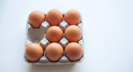 Brown eggs in a cardboard carton on a white surface for breakfast or baking