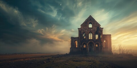 Ancient church remains with a dark sky backdrop, showcasing historical architecture and structural decay, World Heritage Day