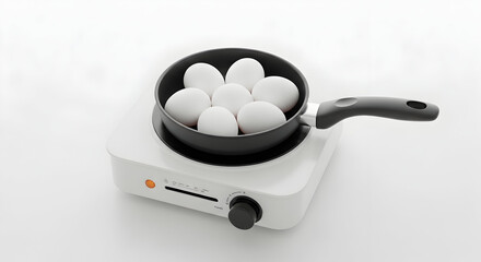 A small electric stove with a frying pan containing several eggs on top isolated on white background
