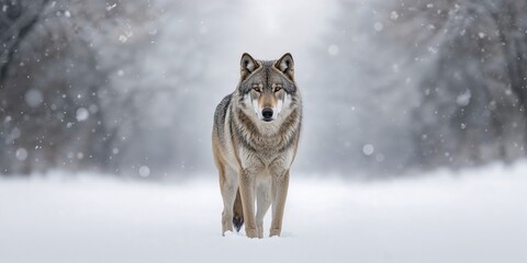 Obraz premium Winter scene with a solitary gray wolf on snow-covered ground, illustrating natural habitat
