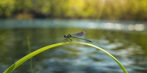 Gomphus flavipes dragonfly perched outdoors, highlighting freshwater environment and insect activity