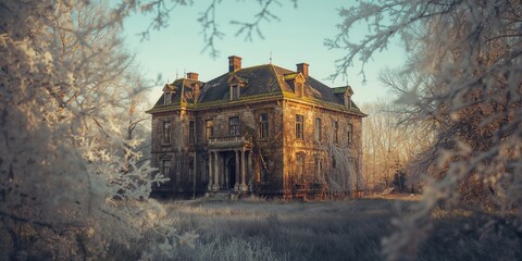 Historic Eliseevs estate main house built in 1912 during a bright December sunset in Belogorka, Leningrad region, architectural conservation