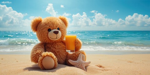 Teddy bear enjoying a warm beach day with a glass of orange juice and starfish, leisure activity for summer relaxation