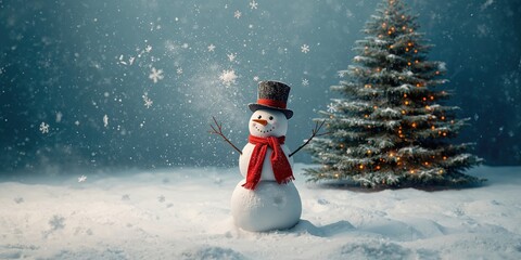 Outdoor snowmen with cheerful expressions in a snowy setting, serving as Christmas cards, holiday season,