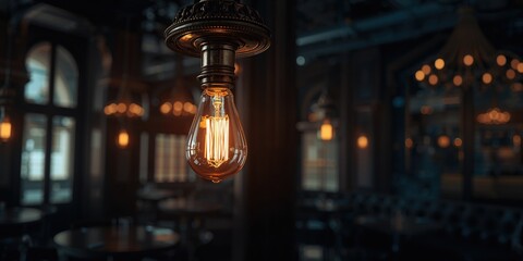 Old-fashioned light bulb captured with brief exposure emphasizing filament glow, ideal for editorial header backgrounds