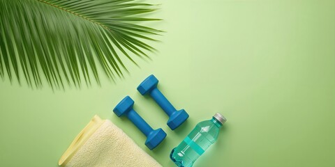 Summer flatlay fitness scene with a clean background for text placement, highlighting workout preparation, Earth Day
