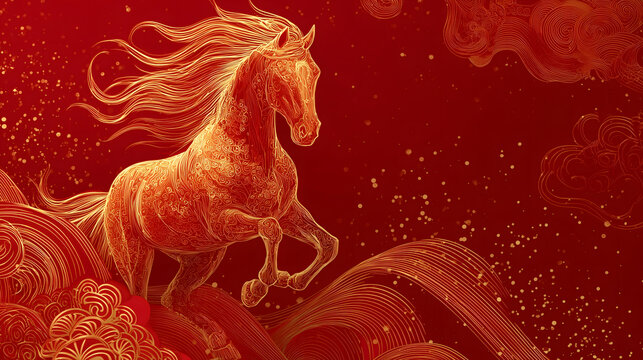 2026 chinese new year, horse, illustrations, CNY background, horse, red and gold