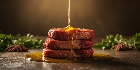 Pork slices layered with olive oil, highlighting culinary technique and ingredient use