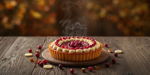 Rustic cranberry and banana tart on a wooden table, seasonal fruit arrangement for autumn, food photography