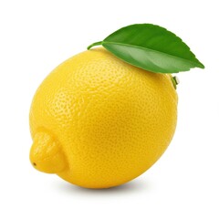 A single vibrant yellow lemon, perfectly ripe and juicy, featuring a fresh green leaf, isolated cleanly on a pure white background ,detox ,food ,summer