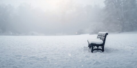 Snow-covered park bench after a blizzard, winter scenery for outdoor landscape background
