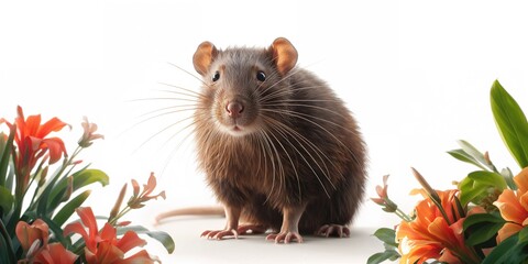 Brown rat with prominent whiskers navigating among plants in a botanical garden, highlighting urban ecology
