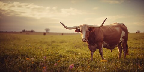 Longhorn Bull lowers his head, indicating a routine behavior during grazing, in an agricultural environment