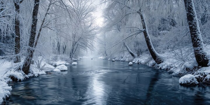 River flowing through snow-covered winter forest, highlighting seasonal change