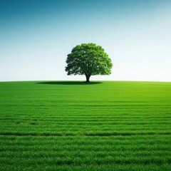 A vibrant, emerald green pasture stretches toward the horizon, featuring a solitary, mature tree standing peacefully against the bright sky ,quiet, idyllic, vibrant