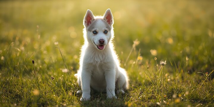 White Haski breed resting and scanning surroundings, highlighting canine focus during outdoor activity