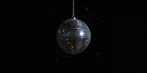 Disco ball with reflective surface on dark backdrop serving as a decorative element for party invitations, silver theme