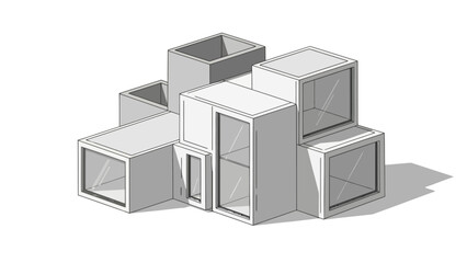 Isometric minimalist architectural concept of a modular boxy white structure