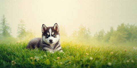 Young Siberian husky with striking blue eyes resting on lush green grass, highlighting outdoor environment