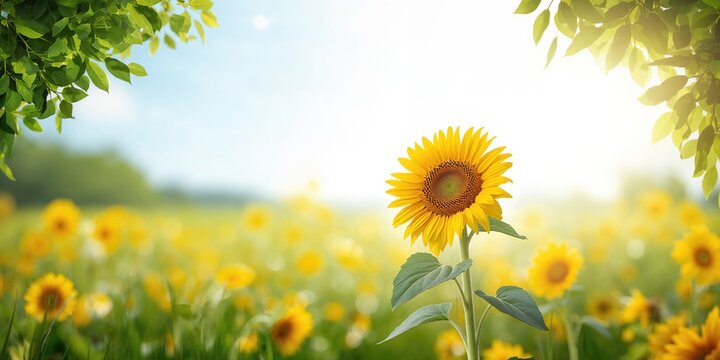 Sunflower field with a yellow flower facing the sun, seasonal change