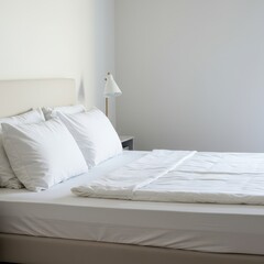 Cozy, comfortable king-size bed featuring white linen and soft pillows in a minimal, bright interior design setup. Perfect for sleep and relaxation, bed, cozy, architecture