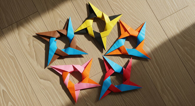 Collection of five colorful origami ninja stars, known as shuriken, resting on wood