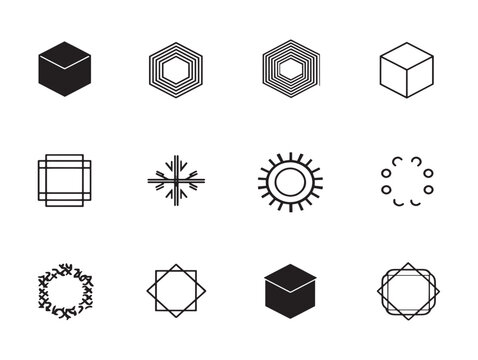 Collection of 3d geometric shapes and symbols in black and white