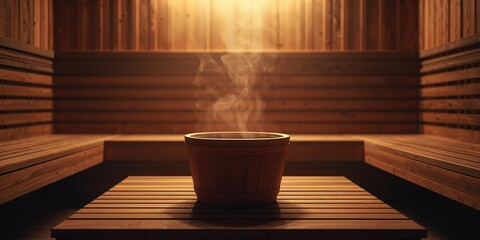 Japanese traditional relaxation setting featuring wooden bucket and sauna environment, focused on health benefits
