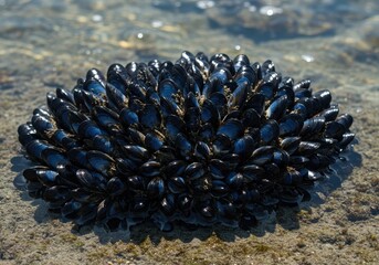 Dense cluster of dark blue mussels resting on the shallow seafloor, submerged in clear, cold ocean water, abundant seafood harvest ,shellfish, marine, growth