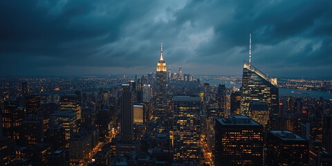 Skyline view of a city at night, highlighting urban planning and building illumination