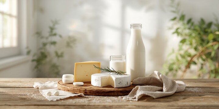Assorted dairy items arranged on a surface, ideal for food preparation or presentation