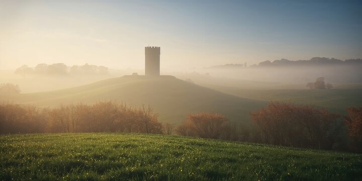 East Sussex landscape with a foggy morning near Firle tower on the South Downs, highlighting weather and natural scenery