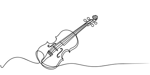 Violin continuous one line drawing, continuous one line drawing. Classic violin music instrument single line art illustration, for orchestra and concert banner in simple linear style. Editable stroke. © Parboti