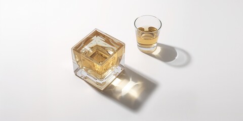 Traditional Masu sake container with Japanese sake on a clean white surface, highlighting authentic serving method