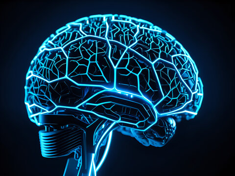 Glowing blue digital brain with neural network circuits, artificial intelligence concept, futuristic technology - Powered by Adobe