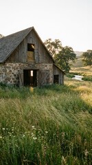 Obraz premium Rustic Barn Surrounded by Lush Green Meadow at Golden Hour