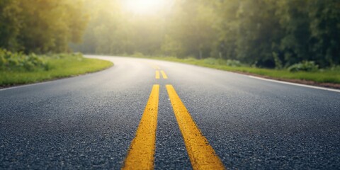 Yellow solid line on asphalt pavement used for traffic lane marking, road safety, and traffic flow management