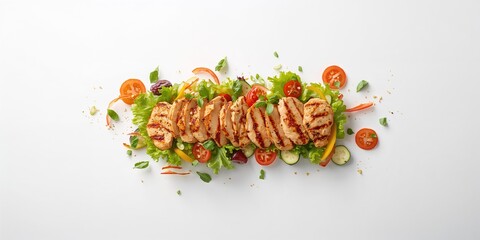 Grilled chicken slices with vegetables arranged for a balanced diet presentation, nutrition emphasis