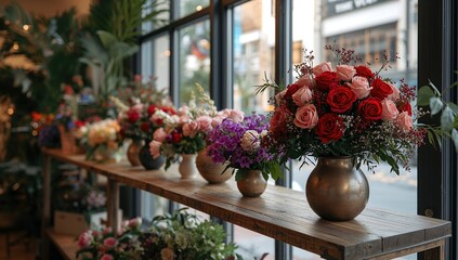 Product display of artificial flowers in a floral shop setting focused on arrangement and sale efficiency