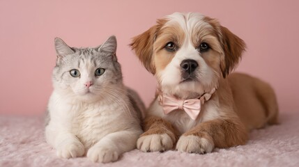 Adorable kitten and puppy duo on soft pink background