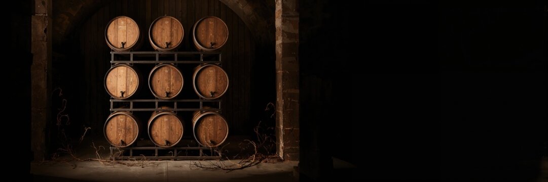Wine barrels stored in a cellar for aging, storage efficiency and quality control, World Wine Day