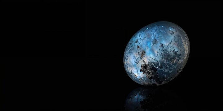 Moonstone macro shot displaying detailed surface textures on a black background, used in gemstone crafting, World Gemstone Day