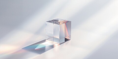 Transparent glass cube with diffraction spectrum colors and complex reflections serving as a UI backdrop or layout element
