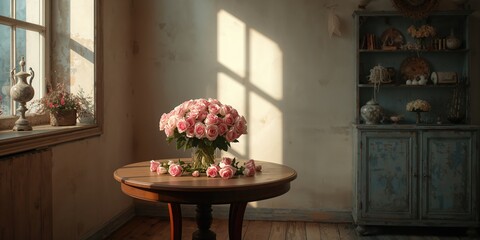 Valentine's Day themed vintage interior with pink roses, suitable for romantic home decoration