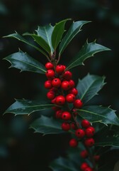 Fototapeta premium Vibrant green holly leaves featuring clusters of bright red berries, showing the festive beauty of winter flora in a natural setting, symbolic, natural, botanical