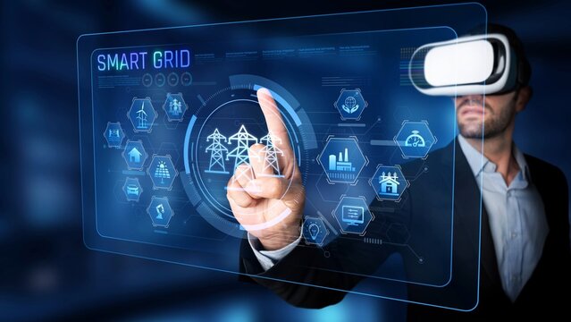 A businessman utilizes virtual reality technology to interact with smart grid data visualization, enhancing understanding of innovative energy solutions and infrastructure. Raster - Powered by Adobe