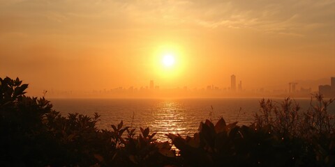 Naklejka premium Plant silhouettes in front of a rising fireball, natural elements against a vibrant sunrise, Earth Day
